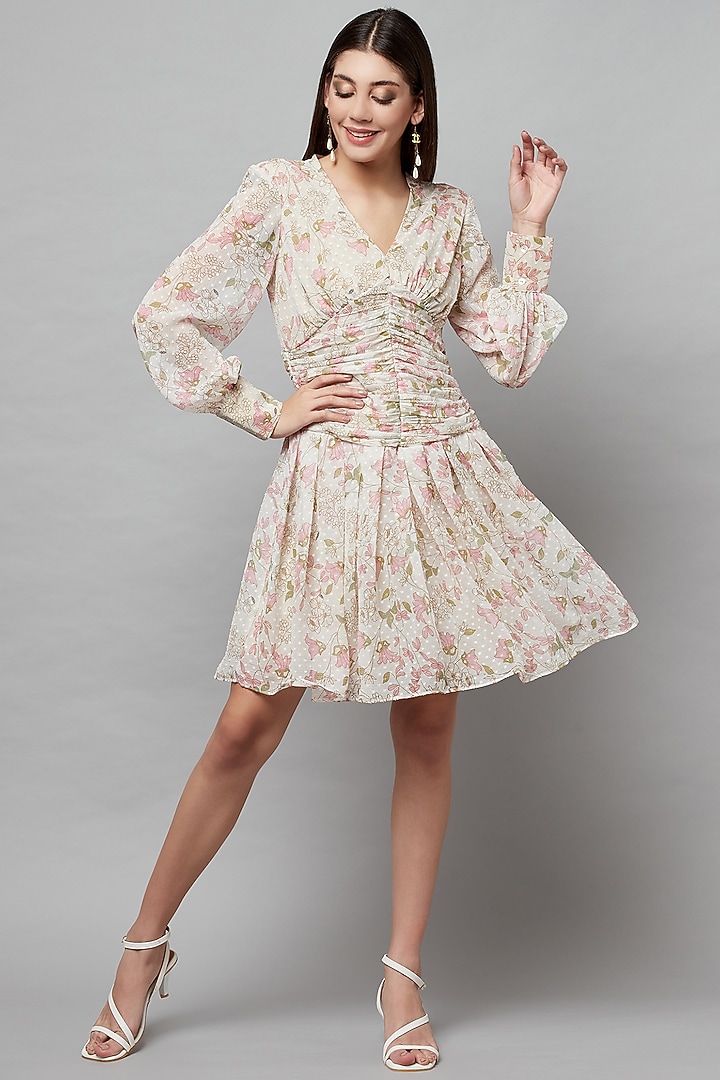 White Poly Chiffon Swiss Dot Floral Printed Summer Dress by Attic Salt at Pernia's Pop Up Shop