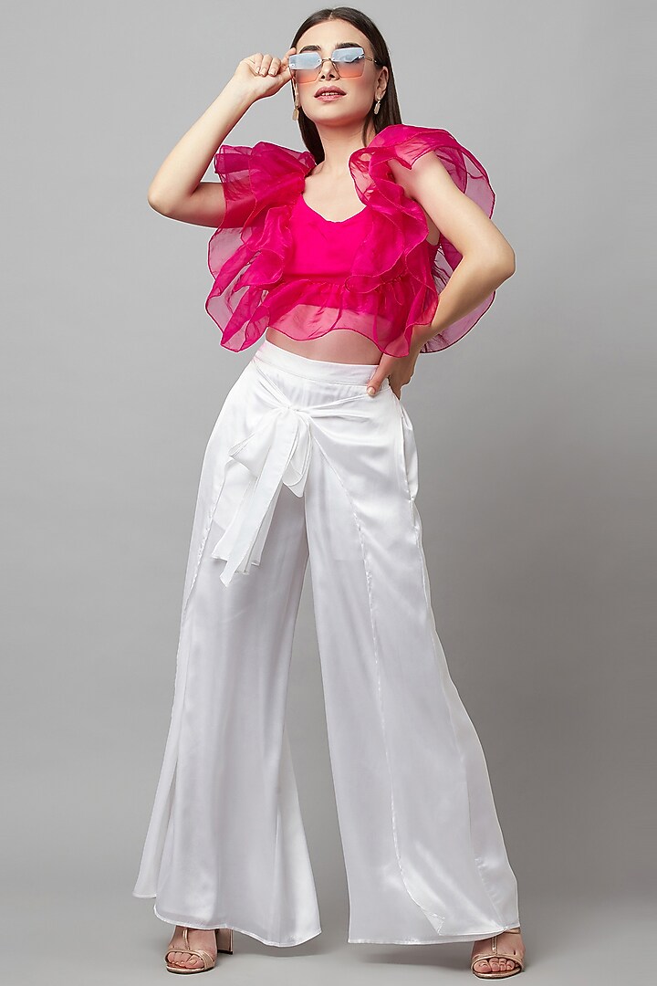 White Poly Satin Wrap Bow Palazzo Pants by Attic Salt at Pernia's Pop Up Shop