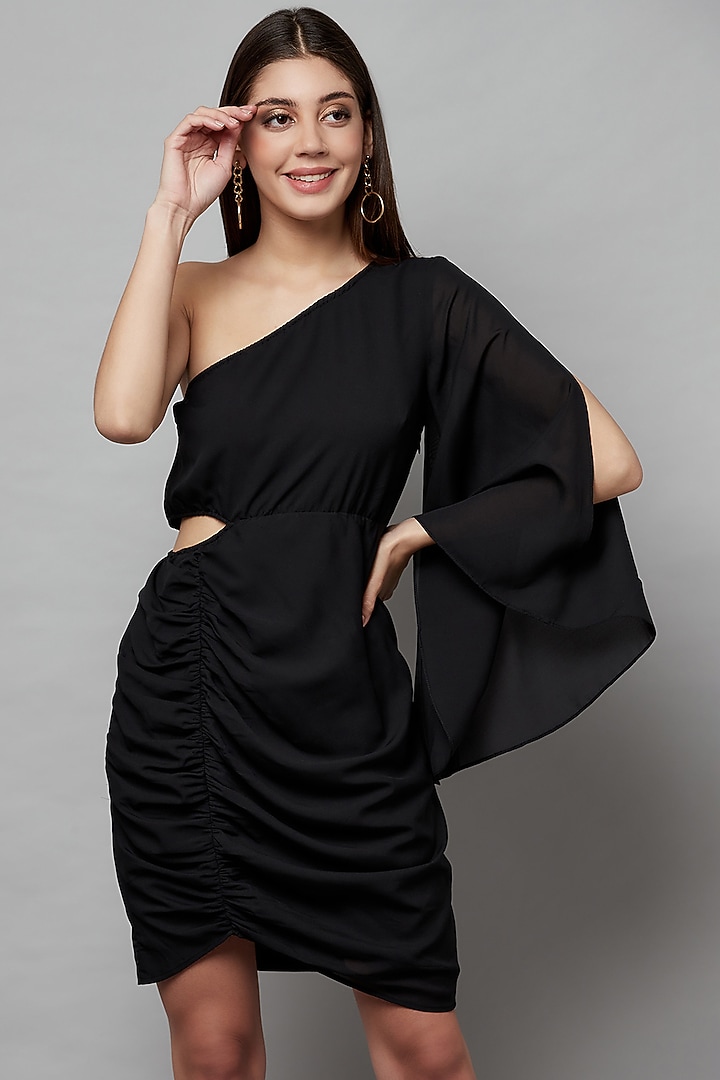Black Georgette One-Shoulder Cut-Out Summer Dress by Attic Salt at Pernia's Pop Up Shop