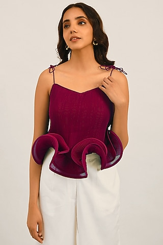 Plum Crepe Ruffled Crop Top by Attic Salt