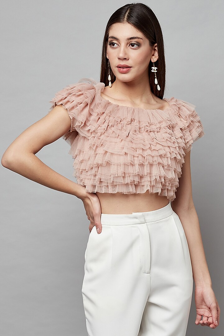 Nude Tulle Off-Shoulder Ruffled Top by Attic Salt