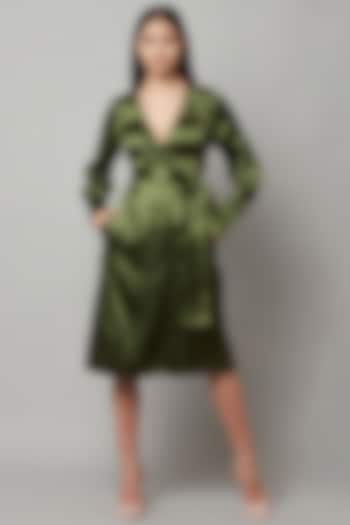 Olive Green Poly Satin Kimono Wrap Midi Dress by Attic Salt