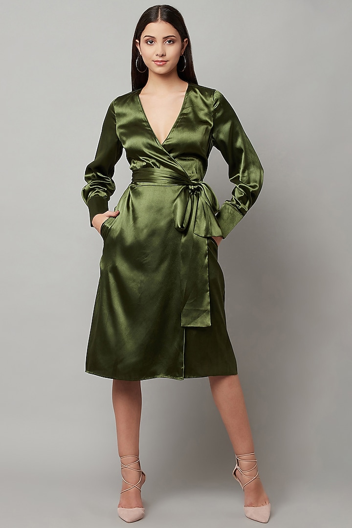 Olive Green Poly Satin Kimono Wrap Midi Dress by Attic Salt