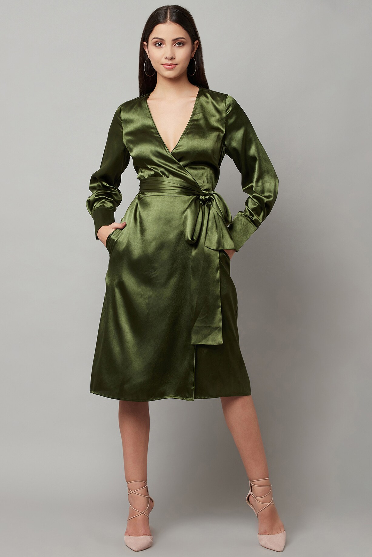 Olive Green Poly Satin Kimono Wrap Midi Dress by Attic Salt at Pernia's Pop Up Shop 2026 Olive Green Poly Satin Kimono Wrap Midi Dress by Attic Salt at Pernia's Pop Up Shop 2026