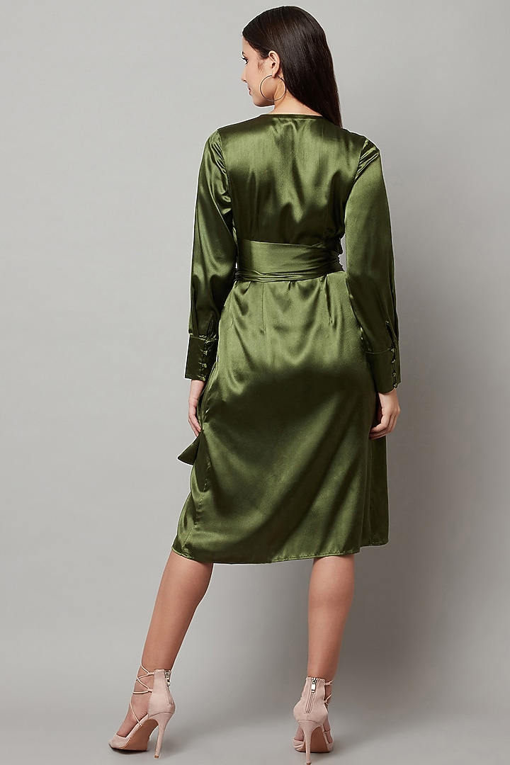 Olive Green Poly Satin Kimono Wrap Midi Summer Dress by Attic Salt at Pernia's Pop Up Shop