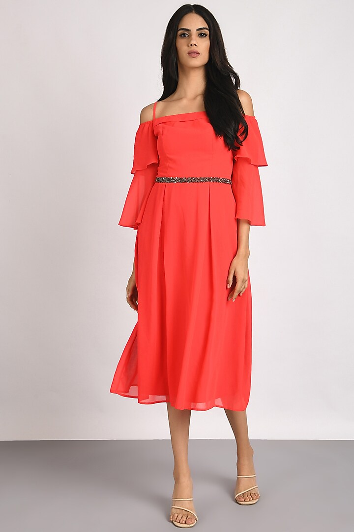 Red Georgette A-line Midi Summer Dress by Attic Salt at Pernia's Pop Up Shop