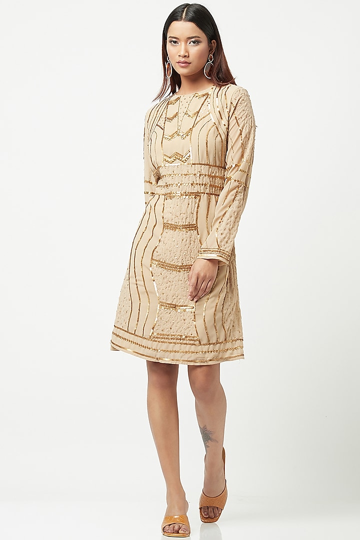 Beige Georgette Sequins Embroidered Dress by Attic Salt