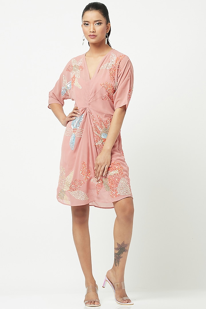 Pink Embroidered Mini Dress by Attic Salt