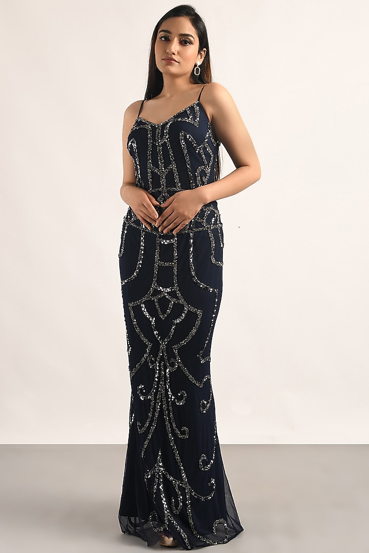 Blue Hand Embellished Gown by Attic Salt at Pernia's Pop Up Shop