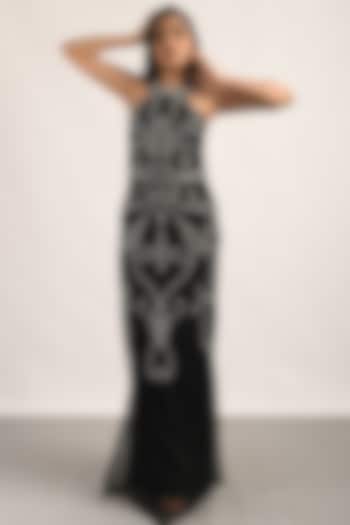 Black Tulle Embellished Gown by Attic Salt