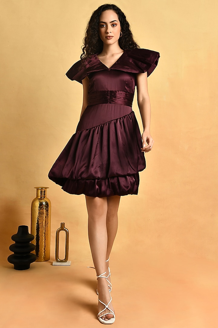 Wine Satin Ruffled Mini Dress by Attic Salt