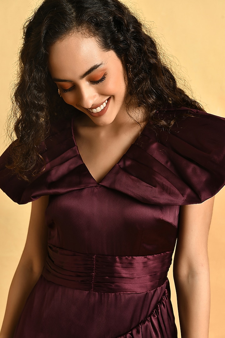 Wine Satin Ruffled Mini Summer Dress by Attic Salt at Pernia's Pop Up Shop
