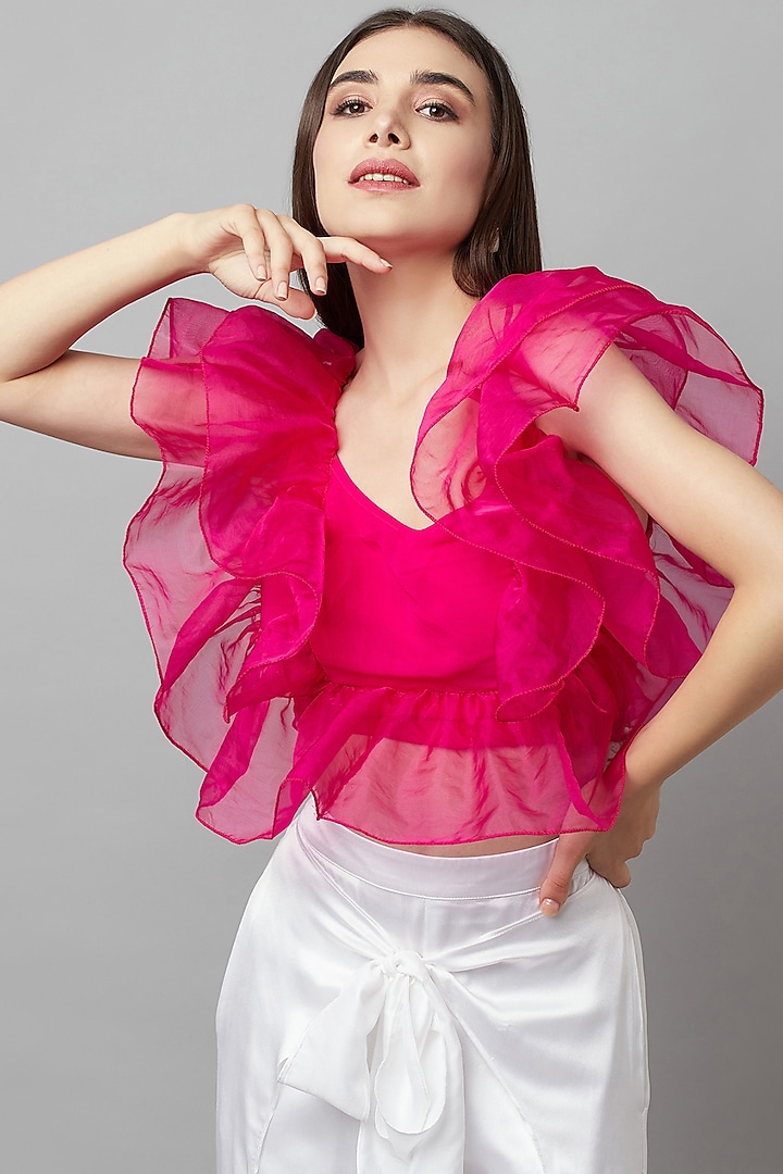 Pink Georgette Ruffled Top by Attic Salt at Pernia's Pop Up Shop