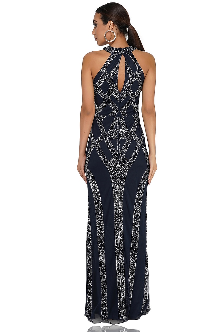 Navy Blue Embellished Gown by Attic Salt at Pernia's Pop Up Shop