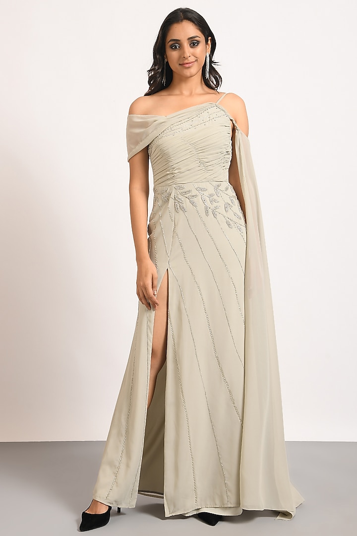 Grey Georgette One-Shoulder Gown by Attic Salt at Pernia's Pop Up Shop