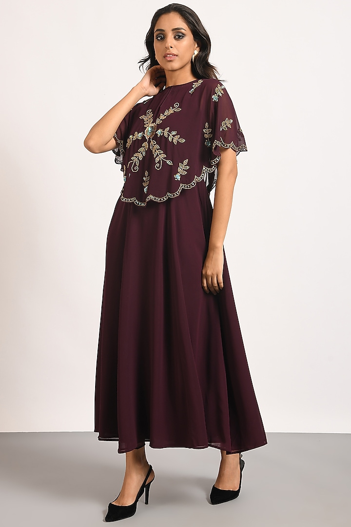 Wine Embellished Cape Dress by Attic Salt at Pernia's Pop Up Shop