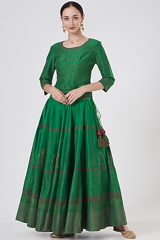 Emerald Green Block Printed Lehenga Set by ABHI SINGH MADE IN INDIA
