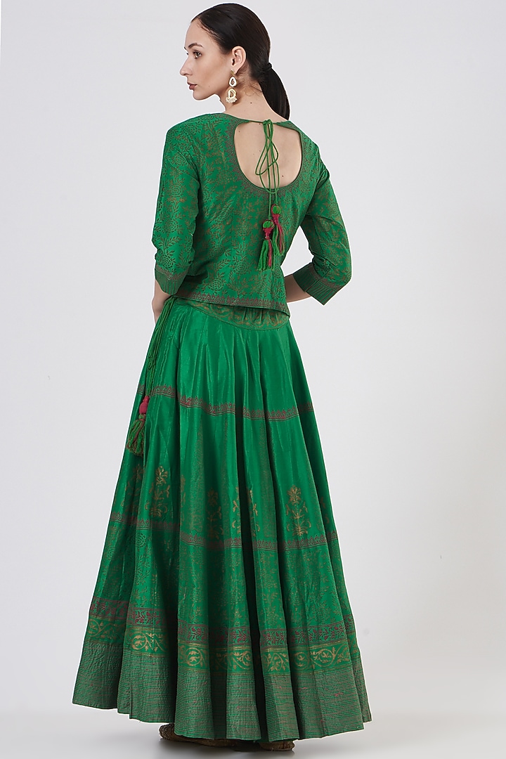 Emerald Green Block Printed Wedding Lehenga Set by ABHI SINGH MADE IN INDIA at Pernia's Pop Up Shop