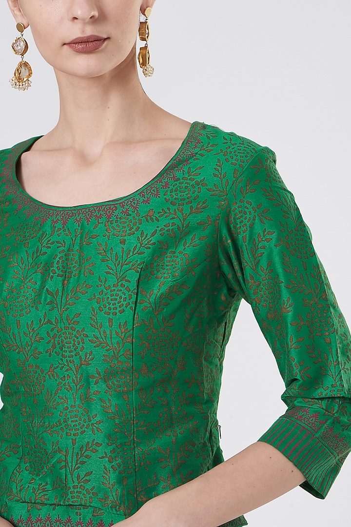 Emerald Green Block Printed Wedding Lehenga Set by ABHI SINGH MADE IN INDIA at Pernia's Pop Up Shop