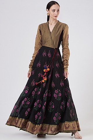 Black Chanderi Angrakha Anarkali by ABHI SINGH MADE IN INDIA