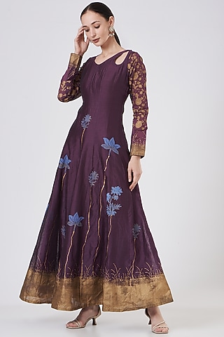Wine Lotus Print Anarkali by ABHI SINGH MADE IN INDIA