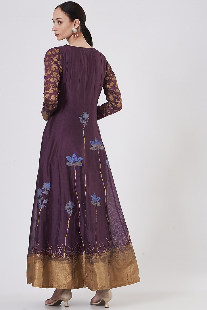 Wine Lotus Print Wedding Anarkali by ABHI SINGH MADE IN INDIA at Pernia's Pop Up Shop