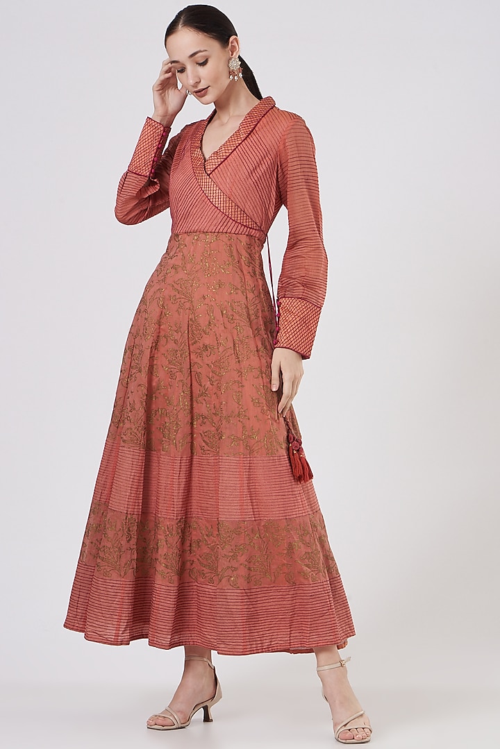 Peach Chanderi Angrakha Anarkali by ABHI SINGH MADE IN INDIA