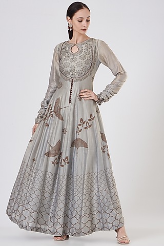 Sky Blue Bird Printed Anarkali by ABHI SINGH MADE IN INDIA