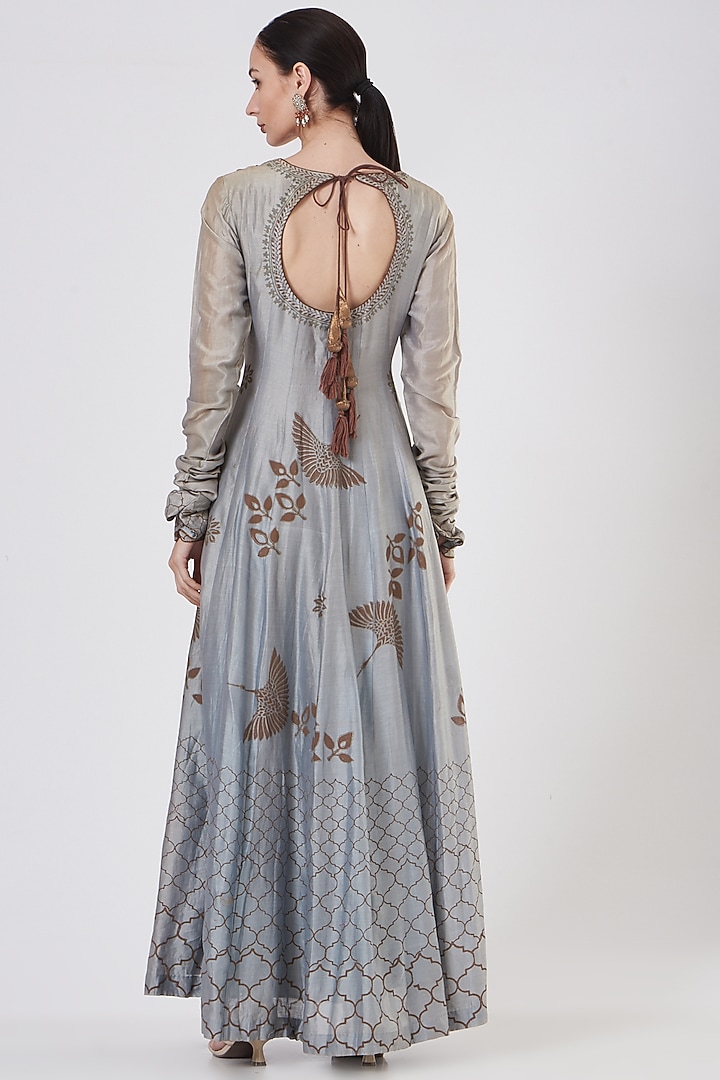 Sky Blue Bird Printed Wedding Anarkali by ABHI SINGH MADE IN INDIA at Pernia's Pop Up Shop