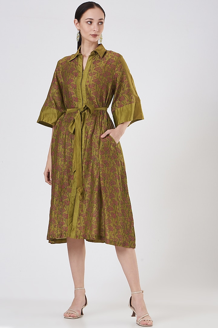 Olive Green Floral Printed Tunic by ABHI SINGH MADE IN INDIA