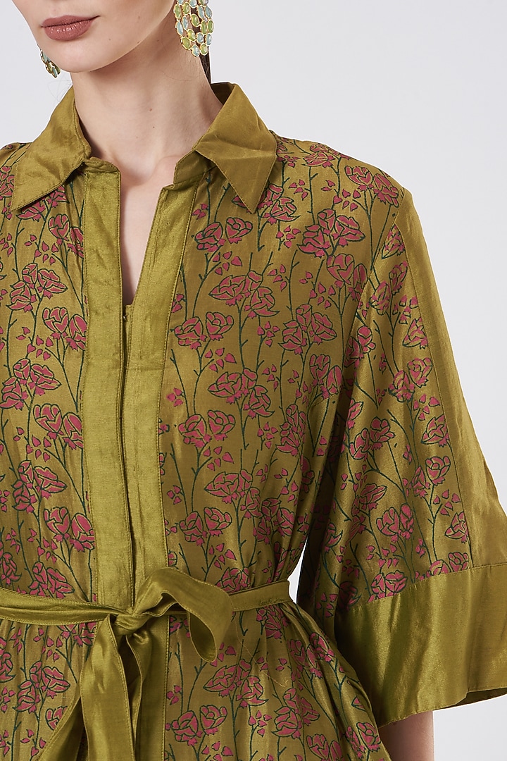 Olive Green Floral Printed Tunic by ABHI SINGH MADE IN INDIA at Pernia's Pop Up Shop