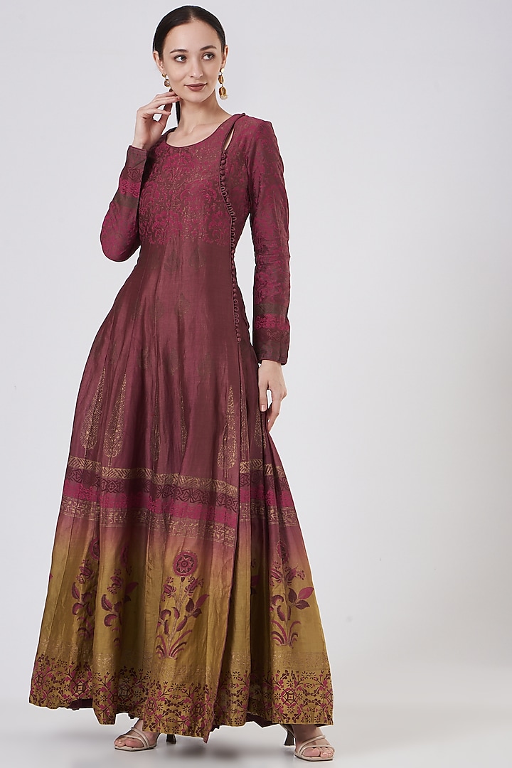 Wine Ombre Floral Print Anarkali by ABHI SINGH MADE IN INDIA