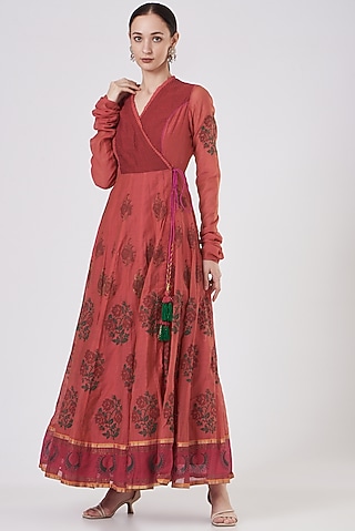 Peach Block Printed Angrakha Anarkali by ABHI SINGH MADE IN INDIA