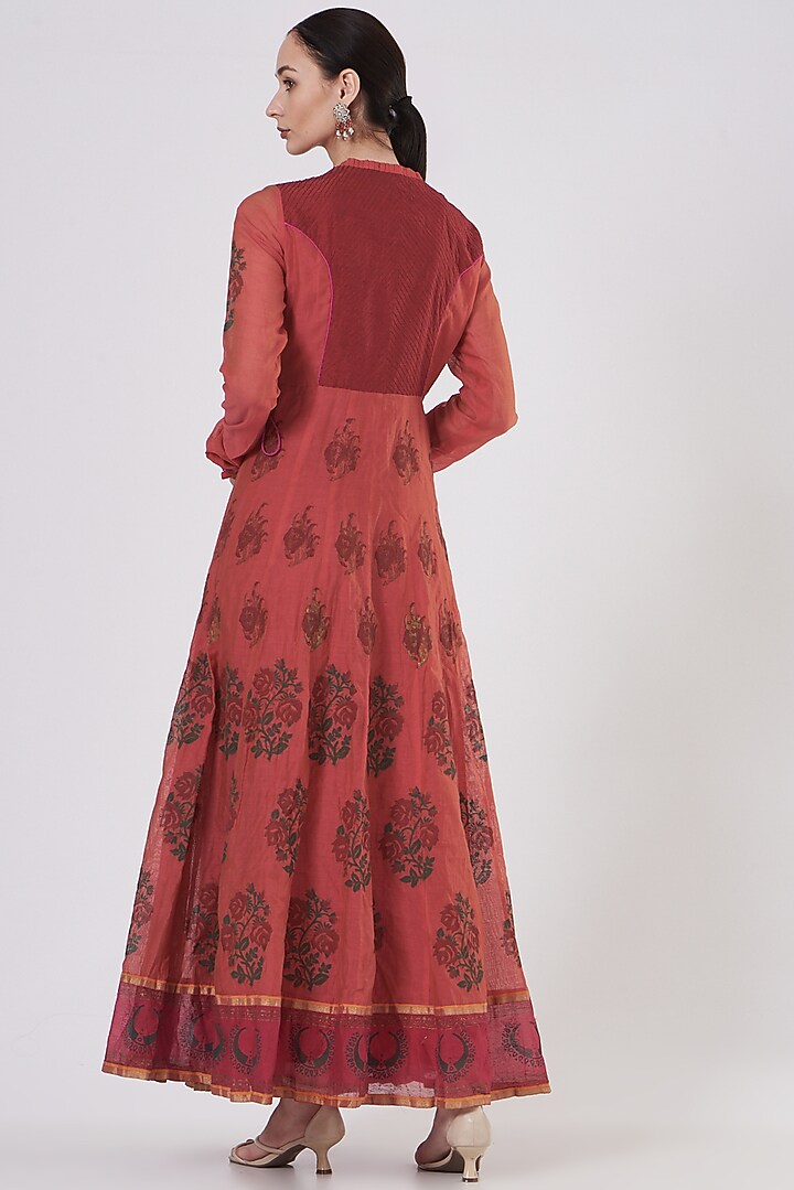 Peach Block Printed Angrakha Wedding Anarkali by ABHI SINGH MADE IN INDIA at Pernia's Pop Up Shop