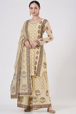Beige Jaal Printed Sharara Set by ABHI SINGH MADE IN INDIA