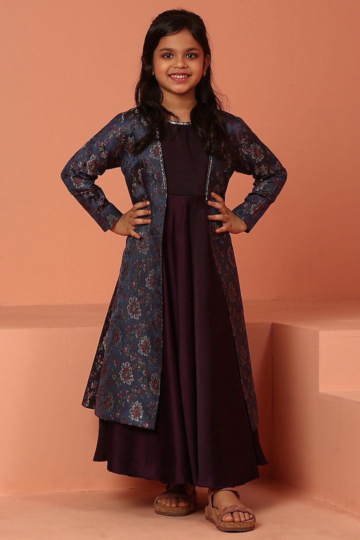 Purple & Blue Satin Banarasi Printed Jacket Dress For Girls by ASMI By Mayank Modi at Pernia's Pop Up Shop