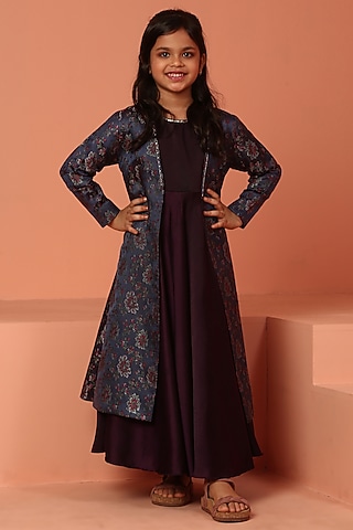 Purple & Blue Satin Banarasi Printed Jacket Dress For Girls by ASMI By Mayank Modi