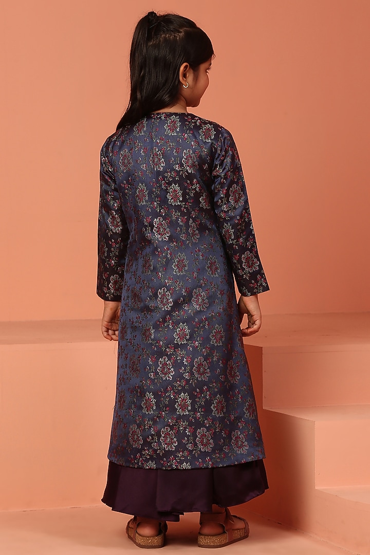 Purple & Blue Satin Banarasi Printed Jacket Dress For Girls by ASMI By Mayank Modi at Pernia's Pop Up Shop
