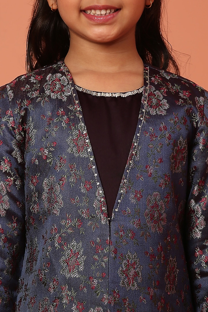 Purple & Blue Satin Banarasi Printed Jacket Dress For Girls by ASMI By Mayank Modi at Pernia's Pop Up Shop