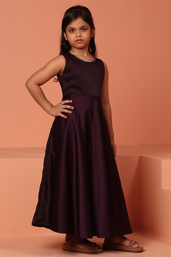Purple & Blue Satin Banarasi Printed Jacket Dress For Girls by ASMI By Mayank Modi at Pernia's Pop Up Shop
