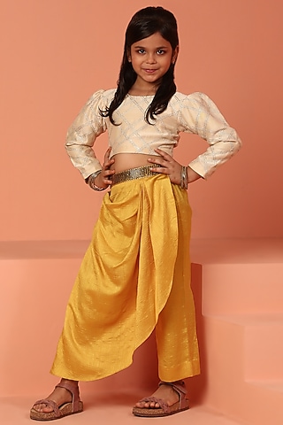 Yellow Bemberg Silk Dhoti Set For Girls by ASMI By Mayank Modi