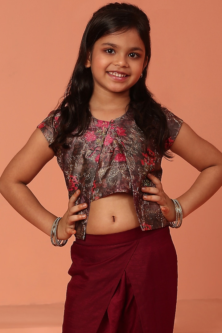 Brown Chanderi Printed Jacket Set For Girls by ASMI By Mayank Modi at Pernia's Pop Up Shop