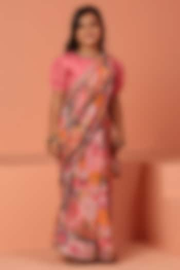 Pink Muslin Printed Pre-Draped Saree Set For Girls by ASMI By Mayank Modi at Pernia's Pop Up Shop