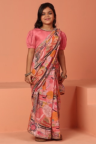 Pink Muslin Printed Pre-Draped Saree Set For Girls by ASMI By Mayank Modi
