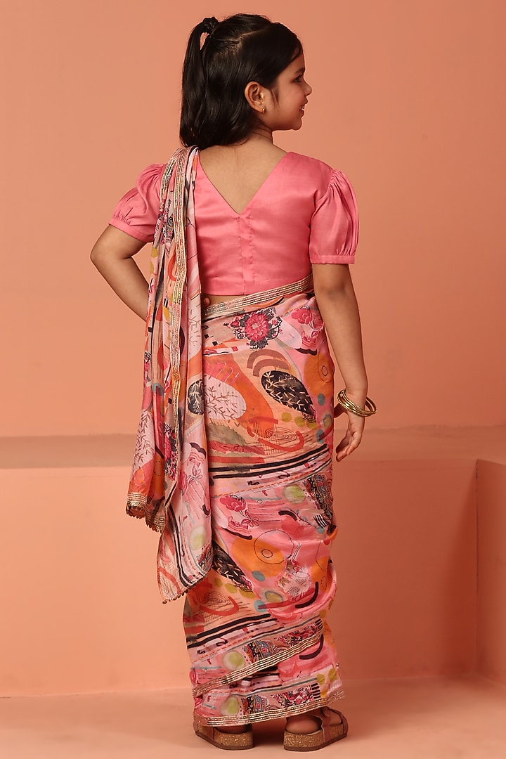 Pink Muslin Printed Pre-Draped Saree Set For Girls by ASMI By Mayank Modi at Pernia's Pop Up Shop