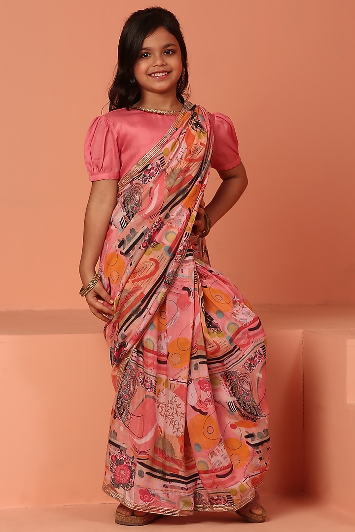 Pink Muslin Printed Pre-Draped Saree Set For Girls by ASMI By Mayank Modi at Pernia's Pop Up Shop