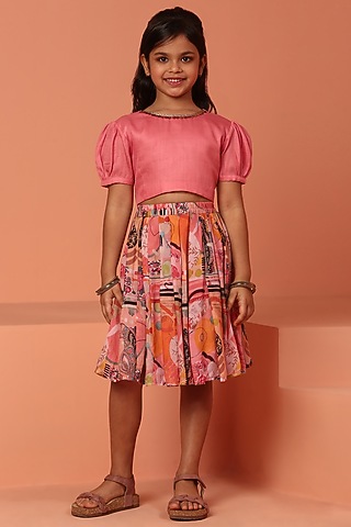 Pink Soft Muslin Printed Skirt Set For Girls by ASMI By Mayank Modi