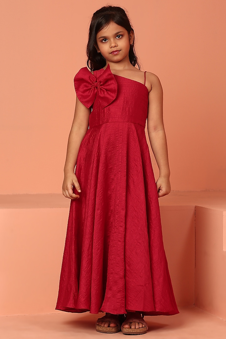 Red Silk Bemberg Draped Dress For Girls by ASMI By Mayank Modi at Pernia's Pop Up Shop