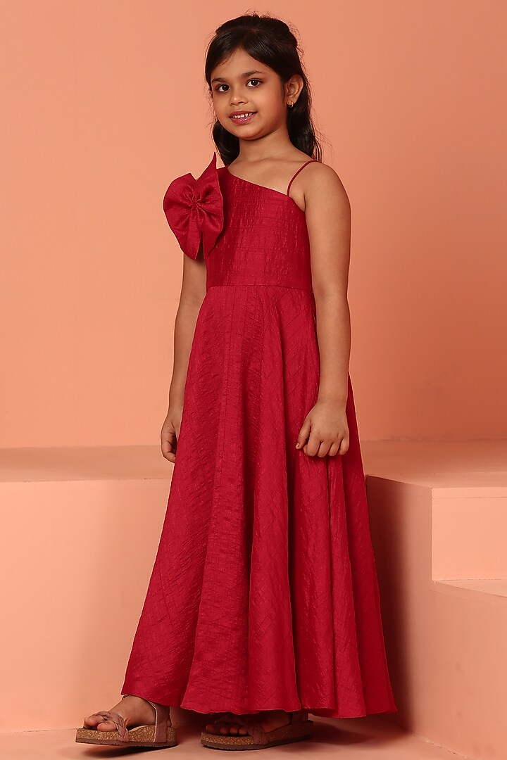 Red Silk Bemberg Draped Dress For Girls by ASMI By Mayank Modi at Pernia's Pop Up Shop