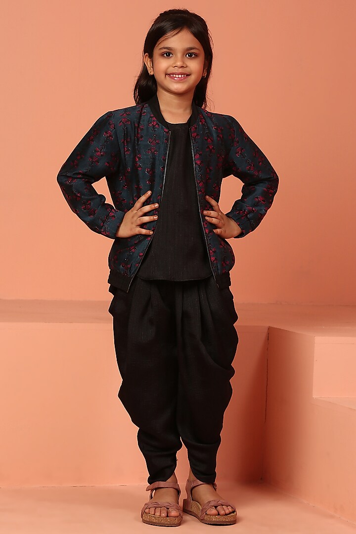 Blue Chanderi Printed Bomber Jacket Set For Girls by ASMI By Mayank Modi at Pernia's Pop Up Shop